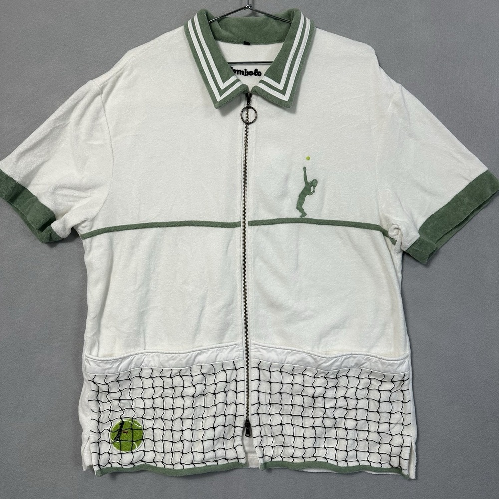 Tombolo XL Terry Cloth Shirt Full Zip White Green Organic Cotton Tennis Cabana